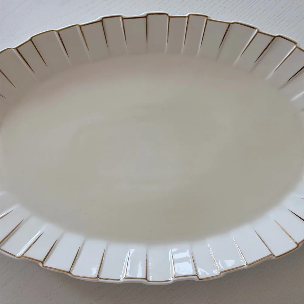 Oval Scalloped Ceramic Platter with Gold Tone Trim Accent